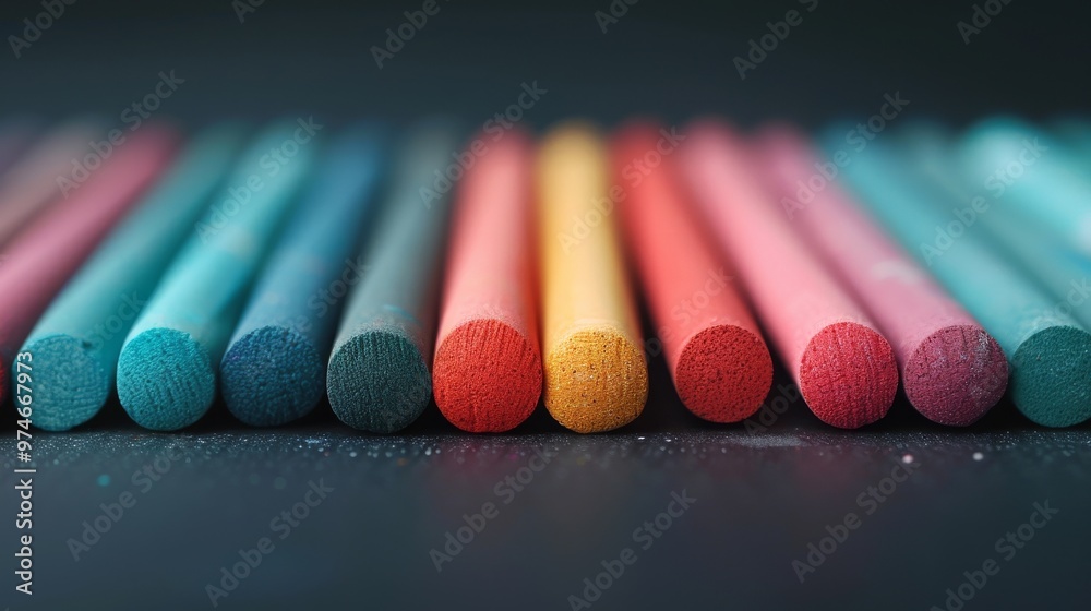 Vibrant Pastels in Harmony, a stunning array of colorful chalks neatly aligned, showcasing a spectrum from deep teal to warm red and golden yellow, inviting creativity. Vibrant Pastels in Harmony, a stunning array of colorful chalks neatly aligned, showcasing a spectrum from deep teal to warm red and golden yellow, inviting creativity.