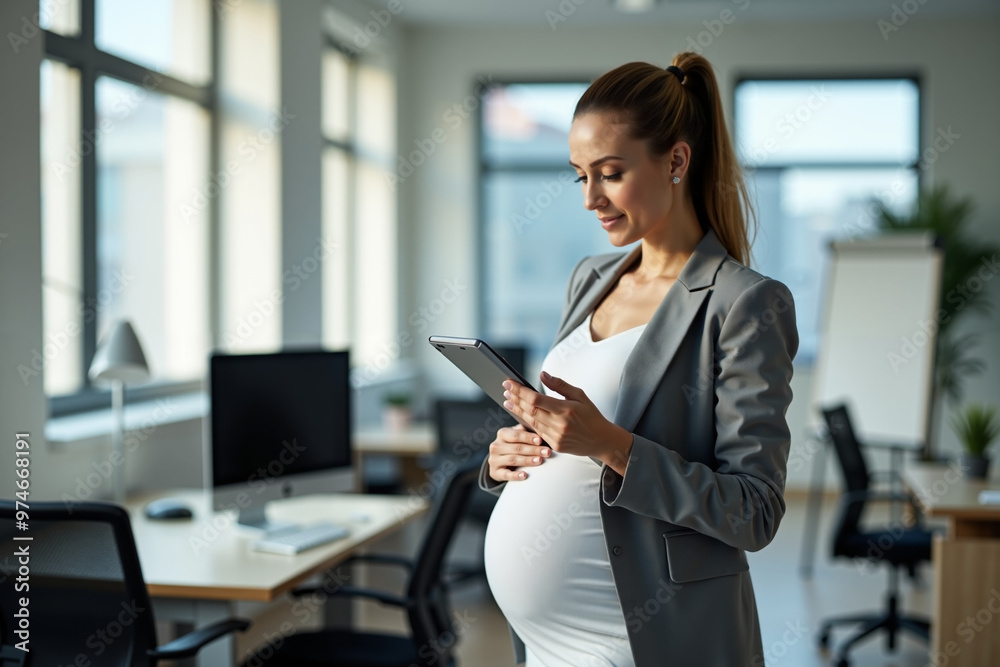 pregnant woman standing and holding tablet mobile at office, generative AI pregnant woman standing and holding tablet mobile at office, generative AI