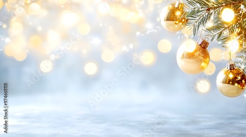 Christmas Background with Gold Ornaments and Bokeh Lights