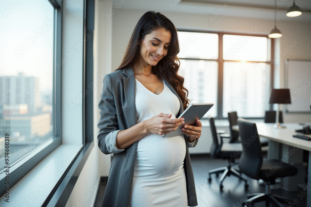 pregnant woman standing and holding tablet mobile at office, generative AI pregnant woman standing and holding tablet mobile at office, generative AI