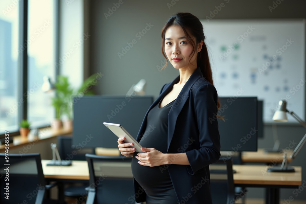 pregnant woman standing and holding tablet mobile at office, generative AI pregnant woman standing and holding tablet mobile at office, generative AI