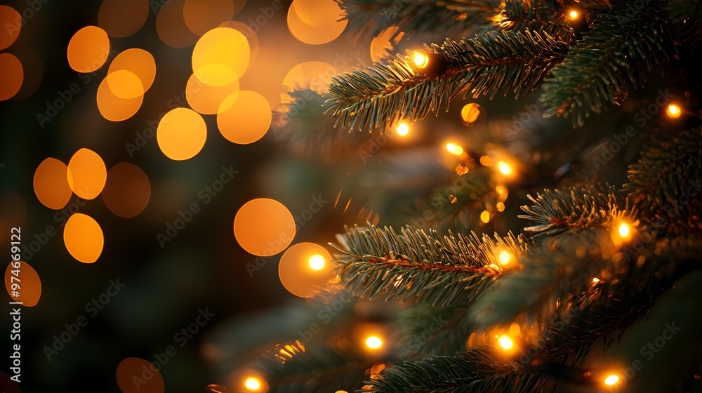Christmas Tree Branch with Warm Lights Bokeh Christmas Tree Branch with Warm Lights Bokeh