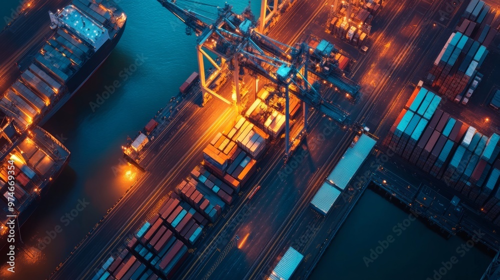 top view of realistic the big shipyard, a lot of storage, loading crane, truck, realistic twilight sky on background --chaos 10 --ar 16:9 --v 6.1 Job ID: 220c3a5c-2e24-4afc-9dd2-b3fdbf578d30