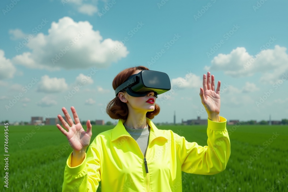 Naklejka premium construction worker with outfit wearing VR headset at rice field in background, generative AI