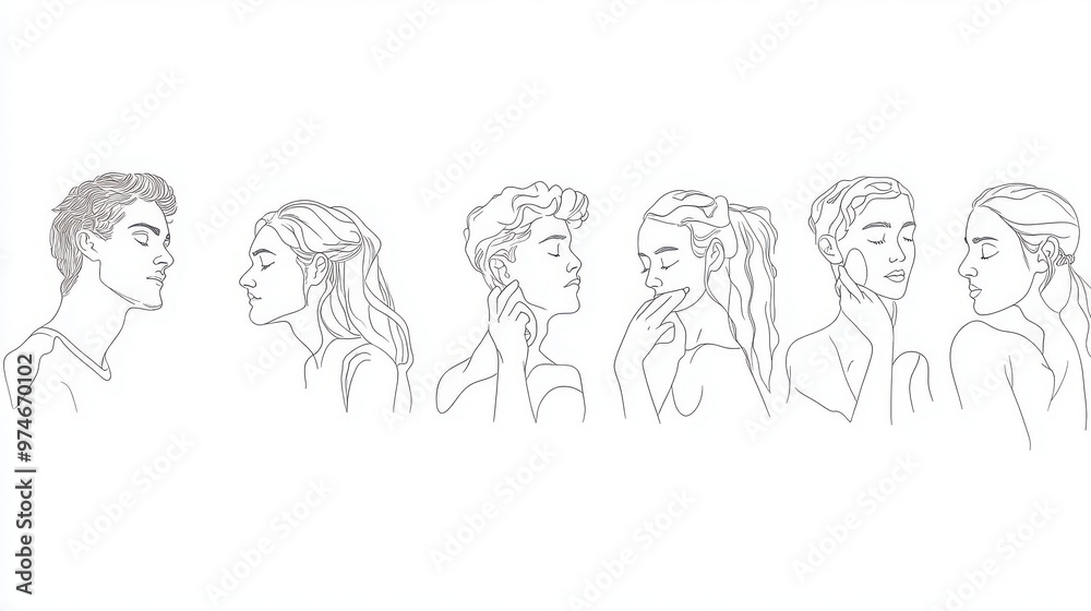 Minimalist line art of characters displaying various gestures of contemplation, like rubbing their head or placing a hand on their chin, white background Minimalist line art of characters displaying various gestures of contemplation, like rubbing their head or placing a hand on their chin, white background