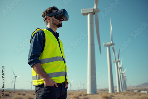 construction worker with outfit wearing VR headset with wind turbine in background, generative AI