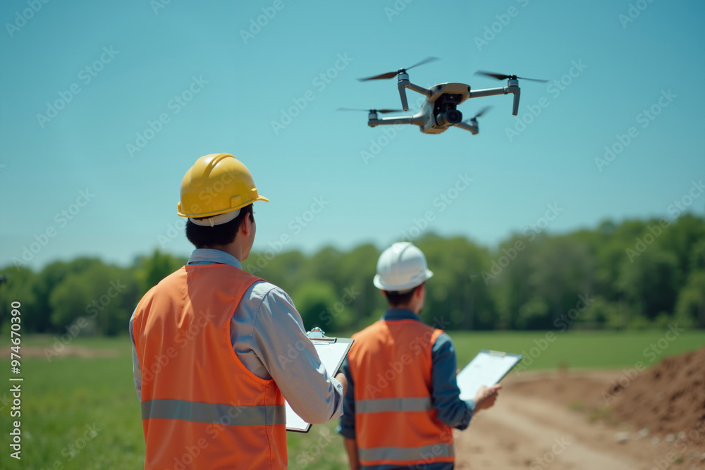 construction worker with outfit holding smart mobile tablet and flying drone, generative AI
