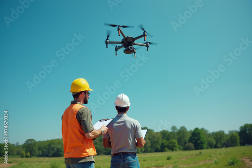 Wallpaper Mural construction worker with outfit holding smart mobile tablet and flying drone, generative AI Torontodigital.ca