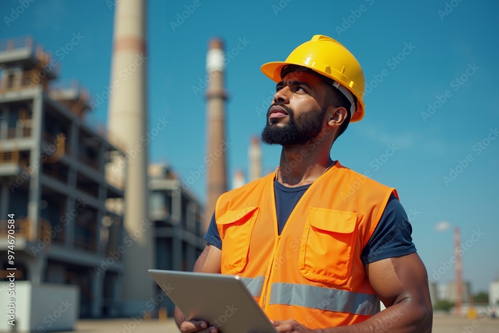 construction worker with outfit holding smart mobile tablet with factory building in background, generative AI construction worker with outfit holding smart mobile tablet with factory building in background, generative AI