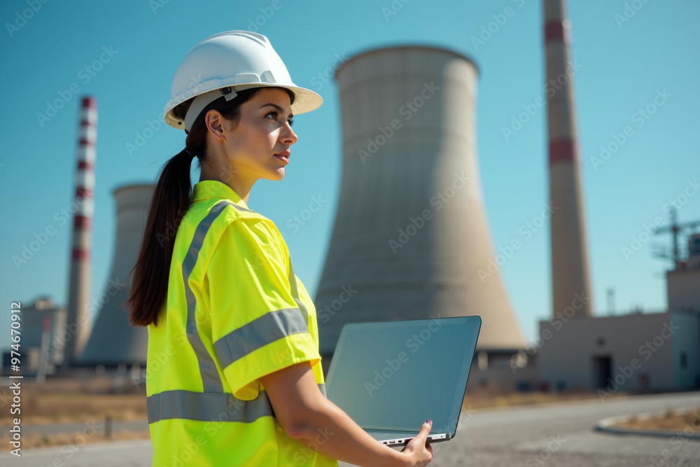 construction worker with outfit holding smart mobile tablet with factory building in background, generative AI construction worker with outfit holding smart mobile tablet with factory building in background, generative AI