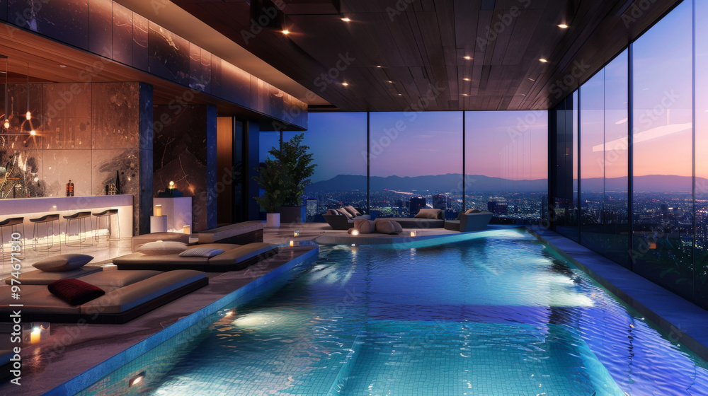 Obraz premium The interior of a luxury villa with an indoor lounge area with a large swimming pool and soft sun loungers against the backdrop of panoramic windows at sunset.