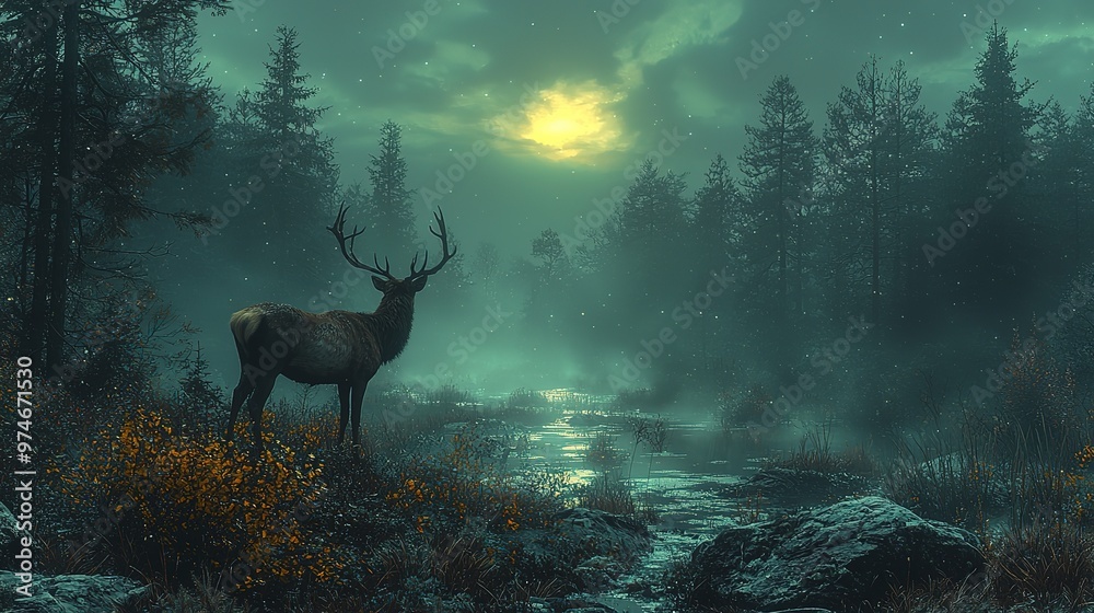 Wild forest at night with a red deer in the distance, color clear Wild forest at night with a red deer in the distance, color clear