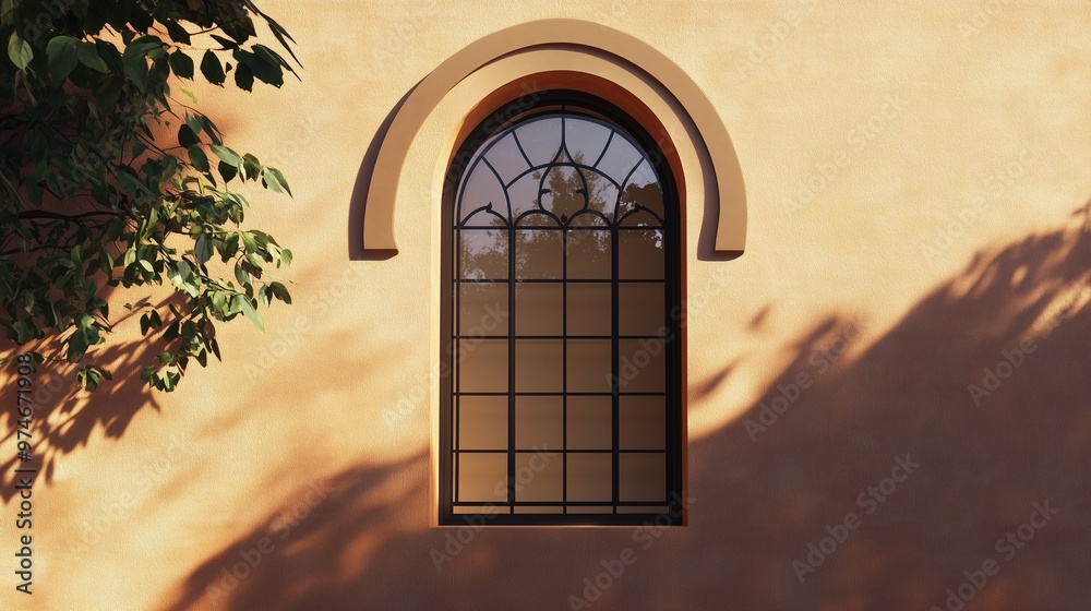 Fototapeta premium Aesthetic arch window shape on brown wall with shadow leaves tree classing building architecture