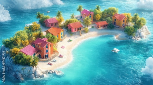 Tropical island with colorful houses and serene beach scenery.