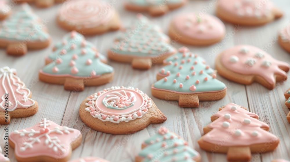Festive iced cookies featuring pastel colors and intricate designs, shaped like Christmas trees, stars, and ornaments, perfect for holiday celebrations. Festive iced cookies featuring pastel colors and intricate designs, shaped like Christmas trees, stars, and ornaments, perfect for holiday celebrations.