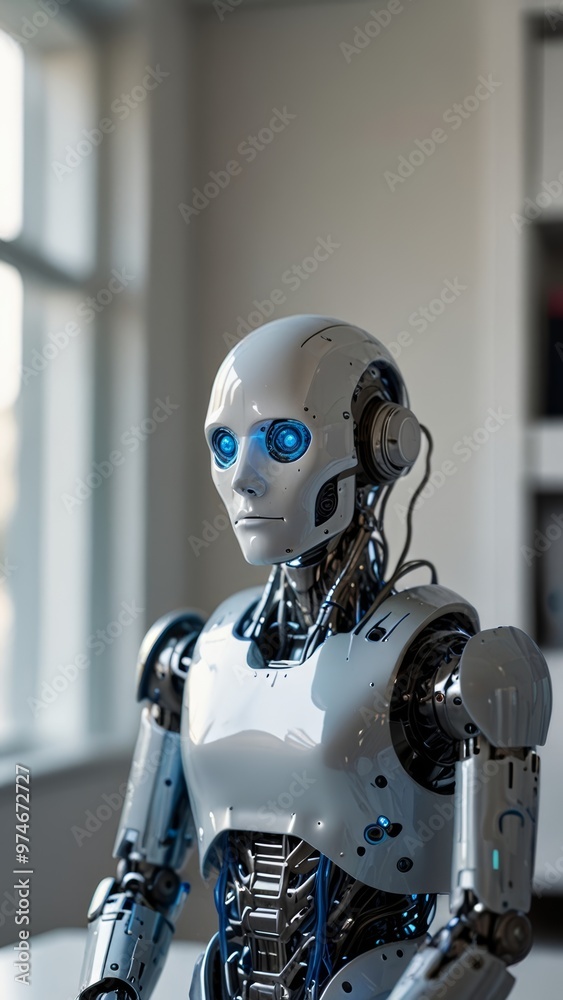 A sleek humanoid robot designed for home assistance is shown in a futuristic home A sleek humanoid robot designed for home assistance is shown in a futuristic home
