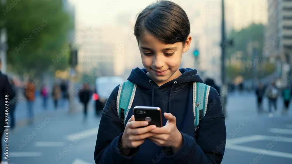Teenage boy with a smartphone in the middle of the street. Children's addiction to smartphones and the Internet. Lost in his digital world, he strolls past the lively street scene.