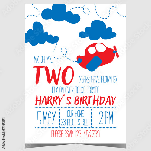 Kids birthday party poster or banner with cute plane in the sky among puffy clouds. Invitation leaflet or flyer to celebrate children's anniversary in cheerful ambiance with baby boys and girls.