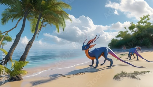 Surreal depiction of a fantastical five-legged creature on a paradisiacal island beach, blending imagination with natures beauty photo