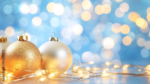 Festive Christmas Ornaments with Fairy Lights on Blue Background