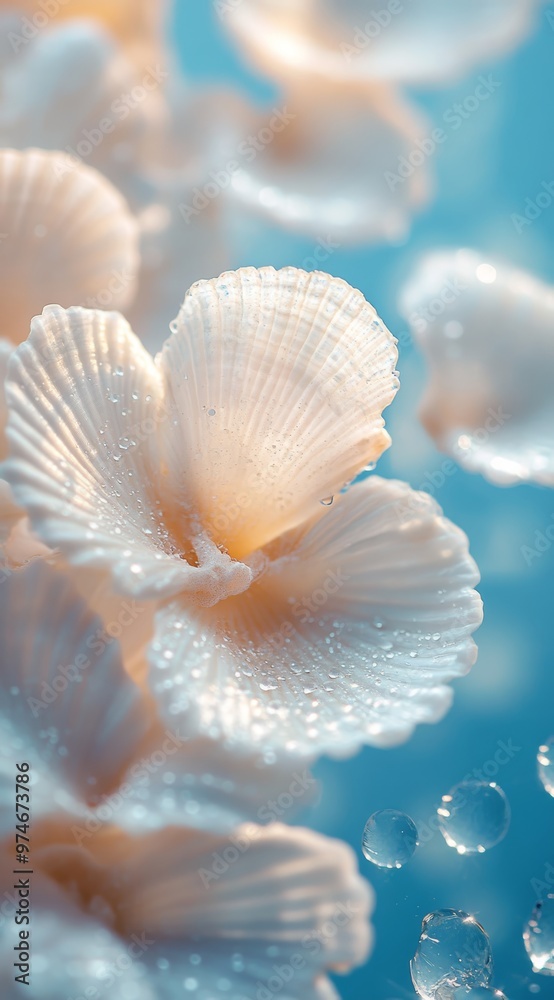 Close-up of White Seashells with Water Drops on Pastel Blue Background, Perfect for Summer or Beach-themed Designs Generative AI Close-up of White Seashells with Water Drops on Pastel Blue Background, Perfect for Summer or Beach-themed Designs Generative AI