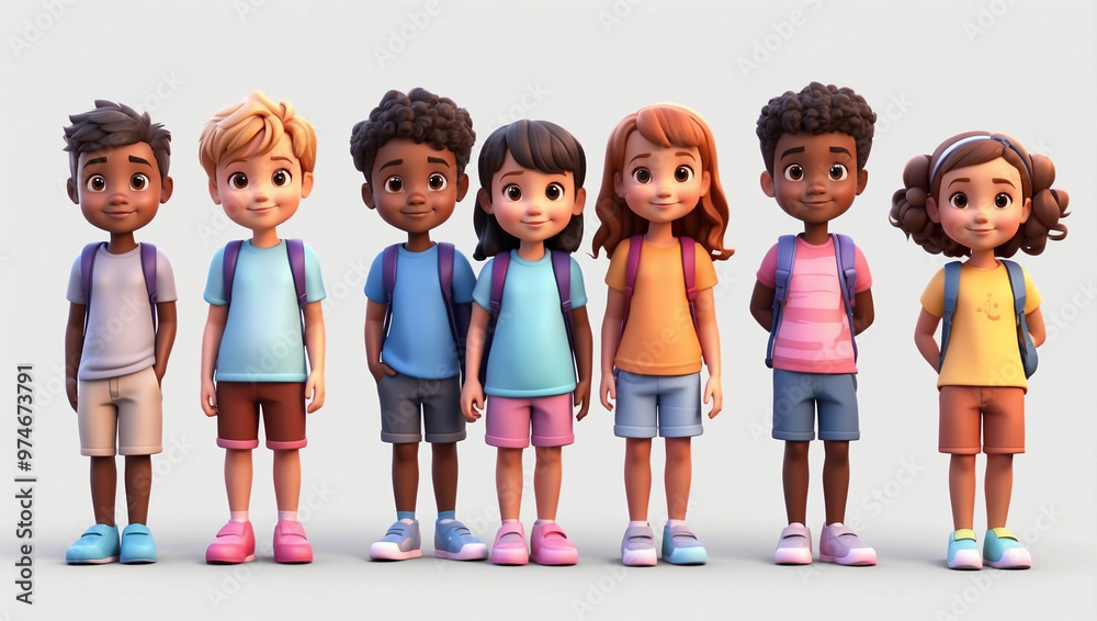 3D Cartoon Group of Little Children on the Beach 3D Cartoon Group of Little Children on the Beach