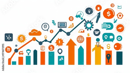 Vector Illustration of a Business Growth Chart Climbing Upward, Featuring Icons of People, Money, and Technology. This Design Represents Success and Progress with Ample Copy Space, Showcased in Bright