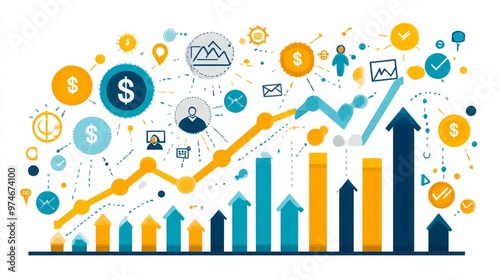Vector Illustration of a Business Growth Chart Climbing Upward, Featuring Icons of People, Money, and Technology. This Design Represents Success and Progress with Ample Copy Space, Showcased in Bright