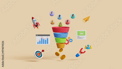 Lead generation, CRO, conversion rate optimization concept. Convert audience into sales. Inbound marketing strategy. 3D marketing funnel attracting audience