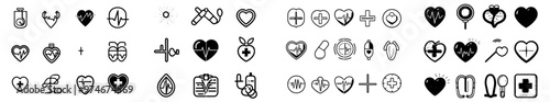 Icon set with global healthcare symbol. Includes exercise, health check, healthy food, wellness center, doctor, and more.