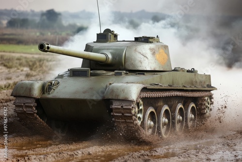 A Battle-Worn Sherman Tank Driving Through a Muddy Field During World War II: The Olive Green Exterior is Chipped and Dirty, with Smoke and Dust Rising in the Background. The Tank’s Massive Cannon