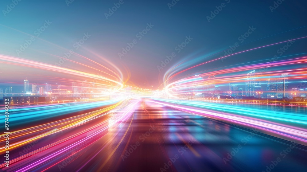 Vibrant City Lights, dynamic streaks of neon colors illuminate a bustling urban highway at night, showcasing the energy and speed of city life amidst skyscrapers. Vibrant City Lights, dynamic streaks of neon colors illuminate a bustling urban highway at night, showcasing the energy and speed of city life amidst skyscrapers.