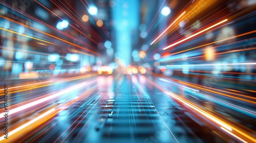 City Lights in Motion, vibrant streaks of color illuminate a bustling urban street, capturing the dynamic energy and fast pace of city life at night.