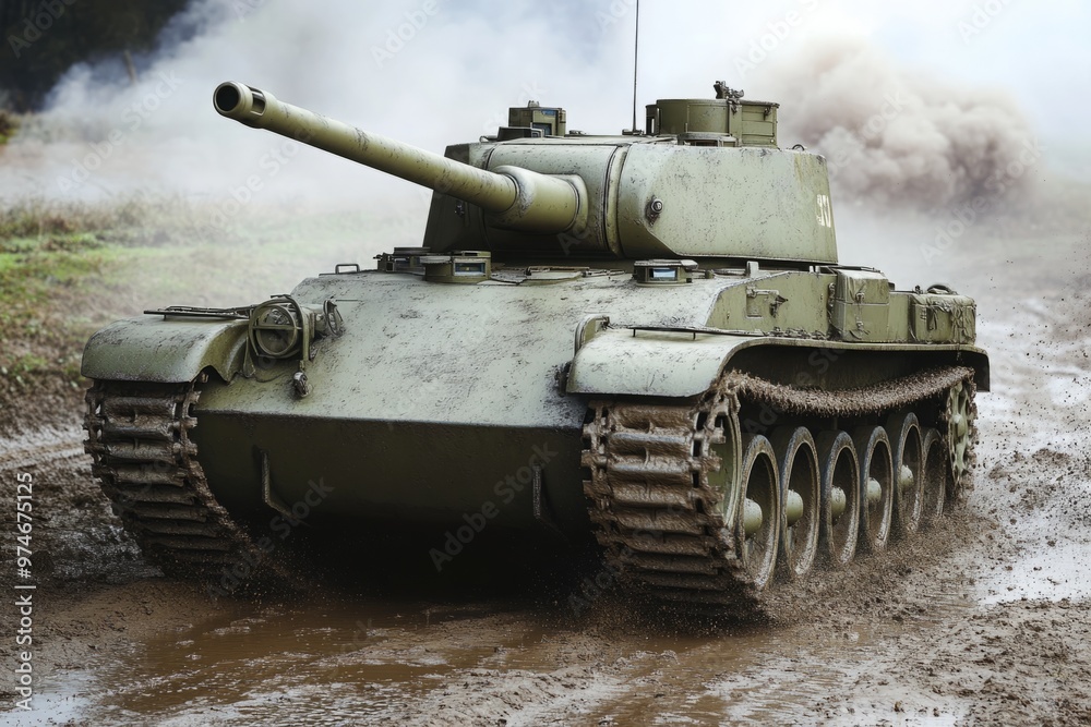 A Battle-Worn Sherman Tank Driving Through a Muddy Field During World War II: The Olive Green Exterior is Chipped and Dirty, with Smoke and Dust Rising in the Background. The Tank’s Massive Cannon A Battle-Worn Sherman Tank Driving Through a Muddy Field During World War II: The Olive Green Exterior is Chipped and Dirty, with Smoke and Dust Rising in the Background. The Tank’s Massive Cannon