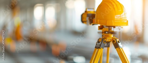 Construction site, vibrant yellow surveying equipment, out of focus background, reflections from windows, professional setting emphasizing precision and safety.