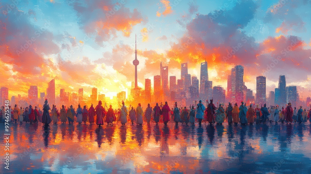 A vibrant sunset cityscape with a crowd silhouetted in the foreground. A vibrant sunset cityscape with a crowd silhouetted in the foreground.