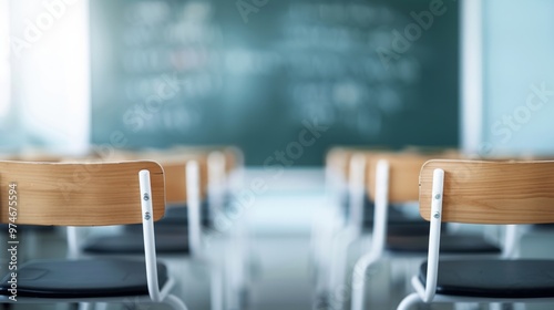 Empty classroom, wooden chairs with black seats, chalkboard with faint writing, soft light filtering through windows, peaceful atmosphere ready for learning.