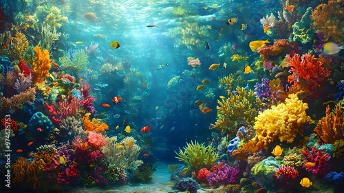 Beautiful, colorful coral reef fish swimming in the ocean, with vibrant colors and stunning corals on both sides of an aquarium tank