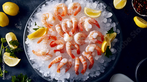 beautifully arranged shrimp cocktail platter, surrounded by crushed ice and lemon photo