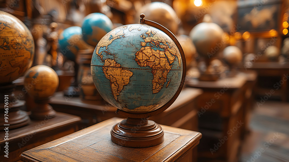 An antique globe resting on a wooden table An antique globe resting on a wooden table