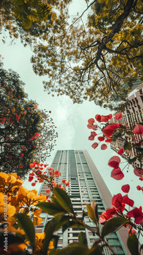 Obraz premium cityscape architecture building skyscraper flowers nature greenery urban outdoors perspective trees sky foliage modern tall vibrant urban nature city life high-rise 