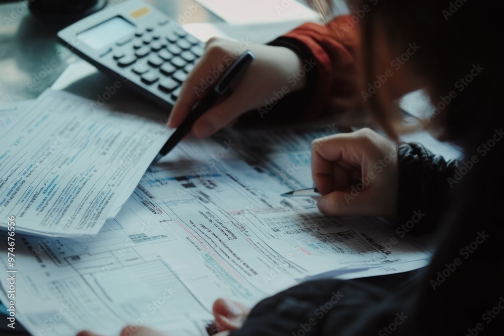 Close-Up of a Professional Reviewing Financial Documents and Calculating Overdue INSS Contributions: Illustrating the Detailed Process of Regularizing Payments with Focus on Accuracy, Dedication, and Close-Up of a Professional Reviewing Financial Documents and Calculating Overdue INSS Contributions: Illustrating the Detailed Process of Regularizing Payments with Focus on Accuracy, Dedication, and