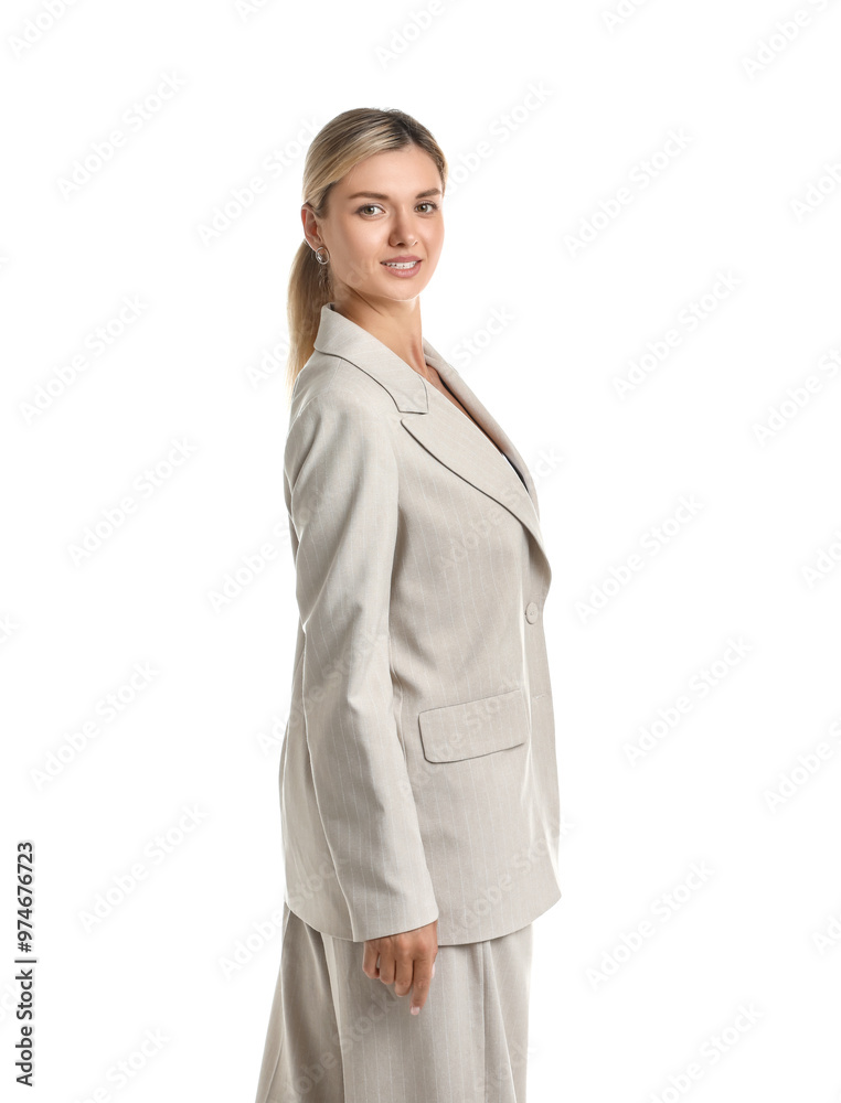 Beautiful woman in stylish suit on white background Beautiful woman in stylish suit on white background