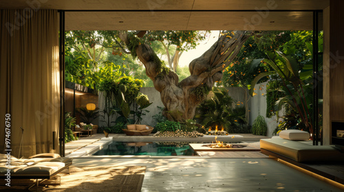 Minimalist living room design overlooking the rainforest, pool and fire pit. Living room with panoramic sliding door. Interior concept. photo