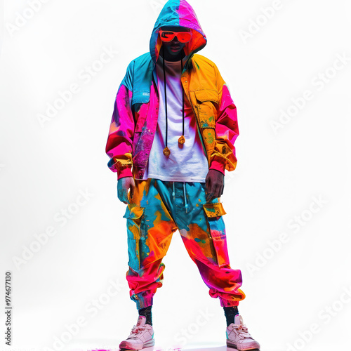 fashion style colorful streetwear vibrant clothing trendy outfit modern hoodie pants sneakers urban casual bold hip-hop fashion model trendy fashion