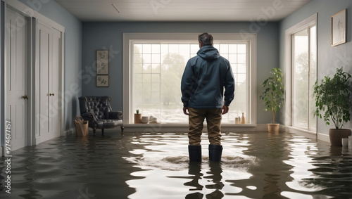 Man Standing in a Flooded House Wearing