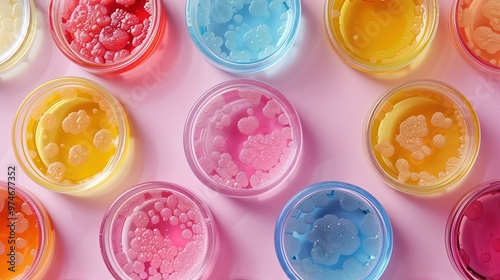 Abstract laboratory petri dishes with bacterial colonies. Minimalistic style 