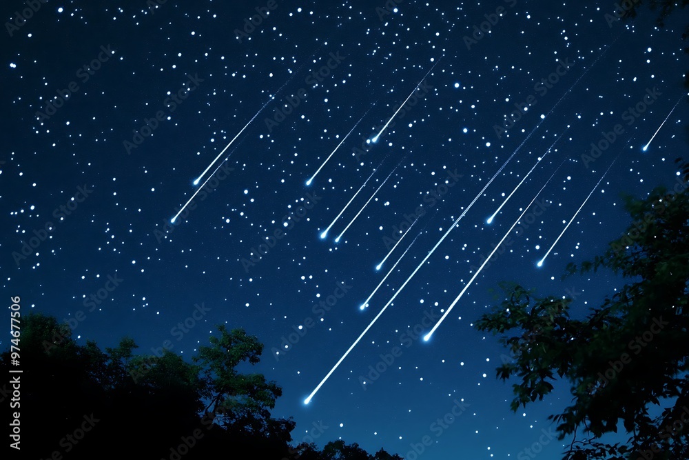 Night Sky with Shooting Stars and Trees Silhouettes.