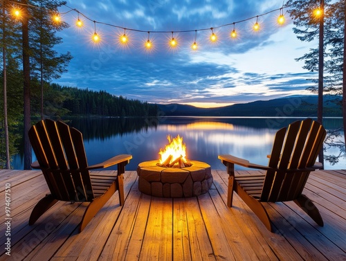 Cozy lakeside setting with two chairs, a glowing campfire, and string lights, perfect for relaxation at dusk.