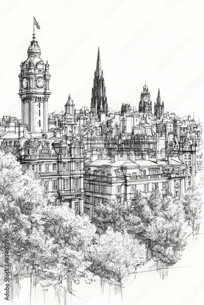 Fototapeta premium Glasgow, United Kingdom, black and white pen pencil hand-drawn effect portrait drawing illustration for travel poster, card, wallpaper, backdrop or banner. Modern, clear, artistic and simple